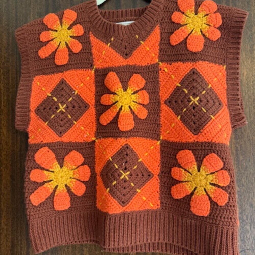 Lingua Franca Crochet Vest Retro 70s Granny Square Boho Knit Orange Brown (M)